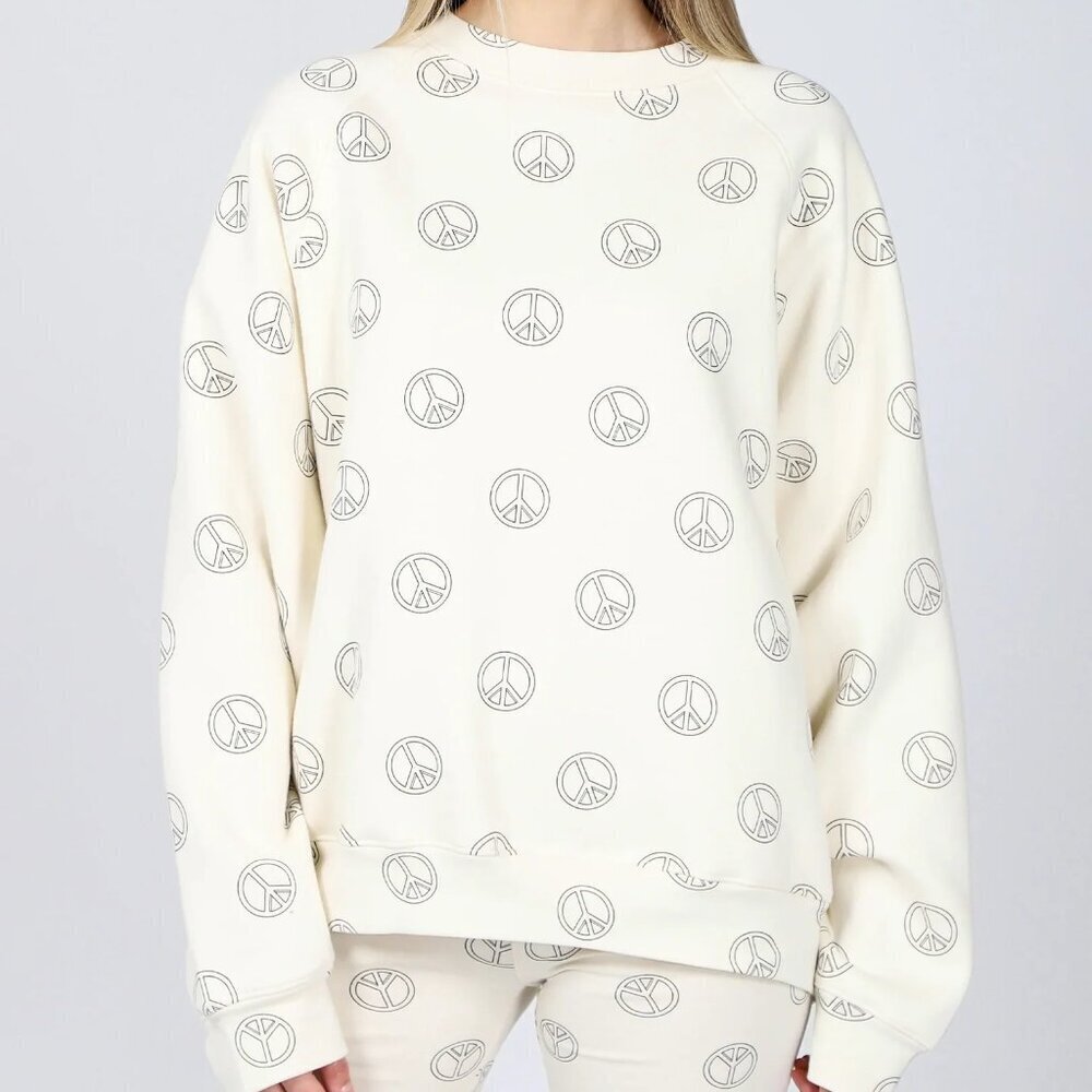 😍 NEW Brunette the Label NYBF Crew - All Over Peace Sign Crewneck | Almond
